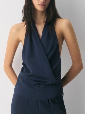 NWT Wilfred Martini Satin Halter Blouse - Navy L